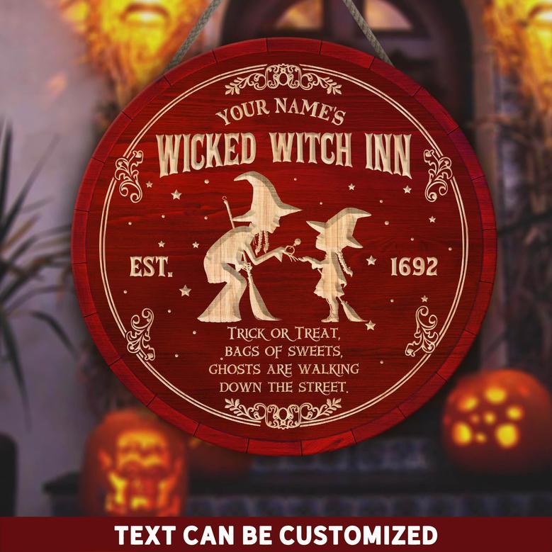 Wicked Witch Inn Trick Or Treat Custom Round Wood Sign