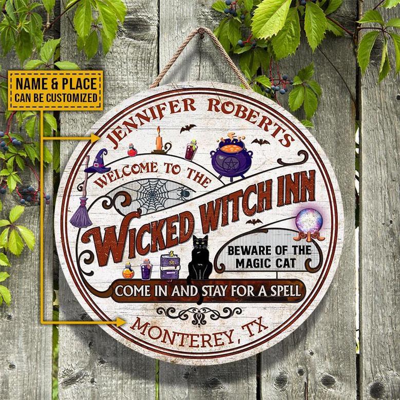 Witch Inn Black Cat Halloween Custom Round Wood Sign