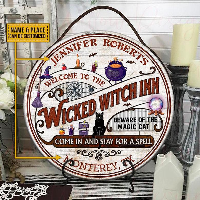 Witch Inn Black Cat Halloween Custom Round Wood Sign