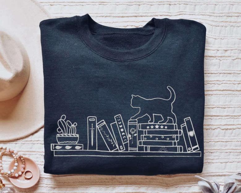 Book Sweatshirt Embroidered Sweater, Cat On Bookshelf Sweatshirt For Cat Lovers