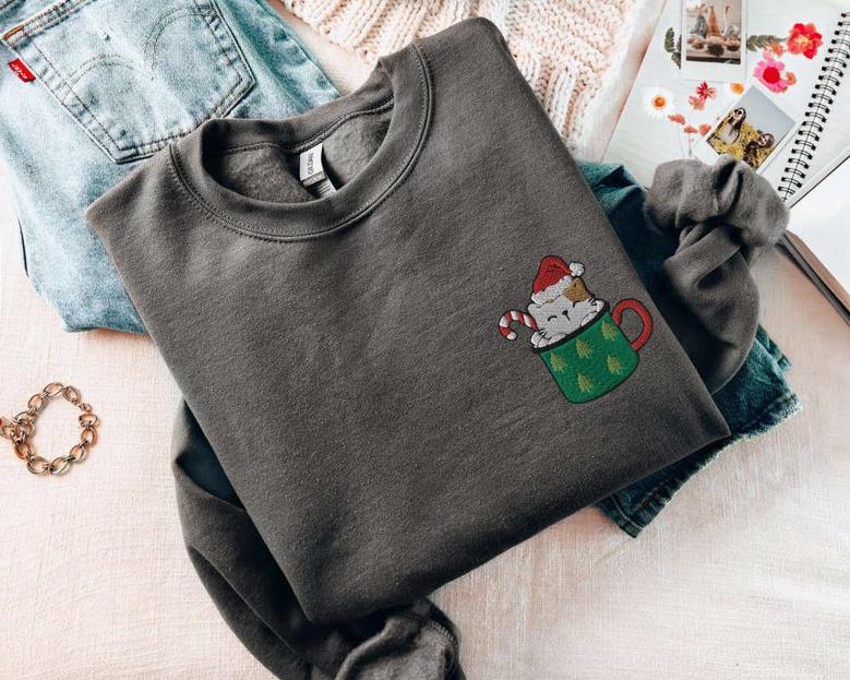 Cat Christmas Sweatshirt Embroidered Coffee Christmas Sweater, For Cat Owners
