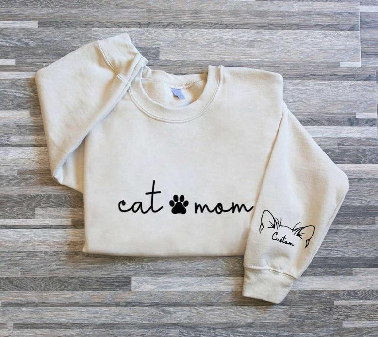 Cat Mom Embroidered Sweatshirt, Custom Mama Sweatshirt With Pet Names For Cat Lover