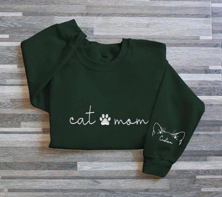 Cat Mom Embroidered Sweatshirt, Custom Mama Sweatshirt With Pet Names For Cat Lover