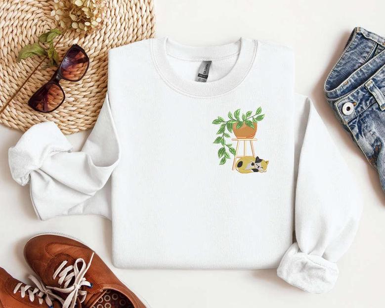 Cat Plant Pot Embroidered Sweatshirt, Cat Flower Pot Embroidery Sweatshirt For Cat Lover