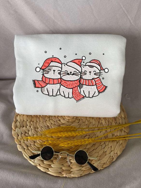 Christmas Cat Embroidered Sweatshirt, Merry Christmas Embroidered Crewneck, Couple Gift