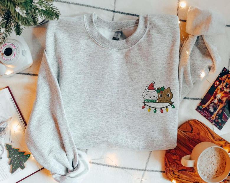 Christmas Cat Sweatshirt Embroidered, 2 Peeping Cats In Xmas Joy Pullover, For Cat Lovers