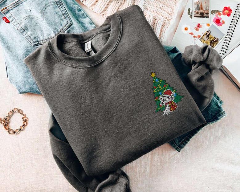 Christmas Cat Sweatshirt Embroidered, Cute Kitten Waiting For Xmas, For Cat Lovers