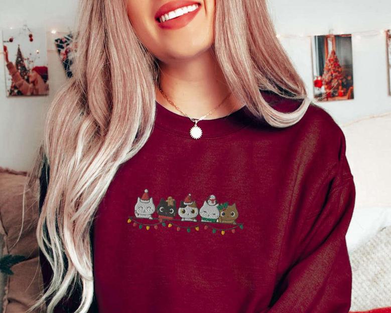 Christmas Cat Sweatshirt Embroidered, Cute Row Of Kittens Ready For Cat Lovers