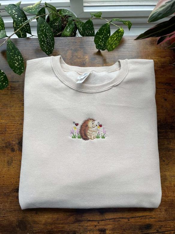 Cute Hedgehog with Flowers and Ladybugs Embroidered Sweatshirt For Family