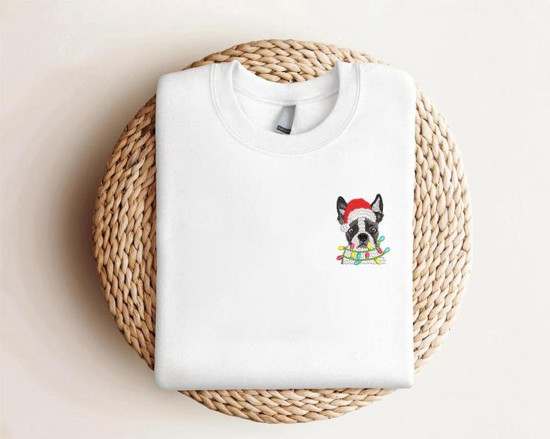 Embroidered Boston Terrier Dog Christmas Sweatshirt, Gift For Christmas