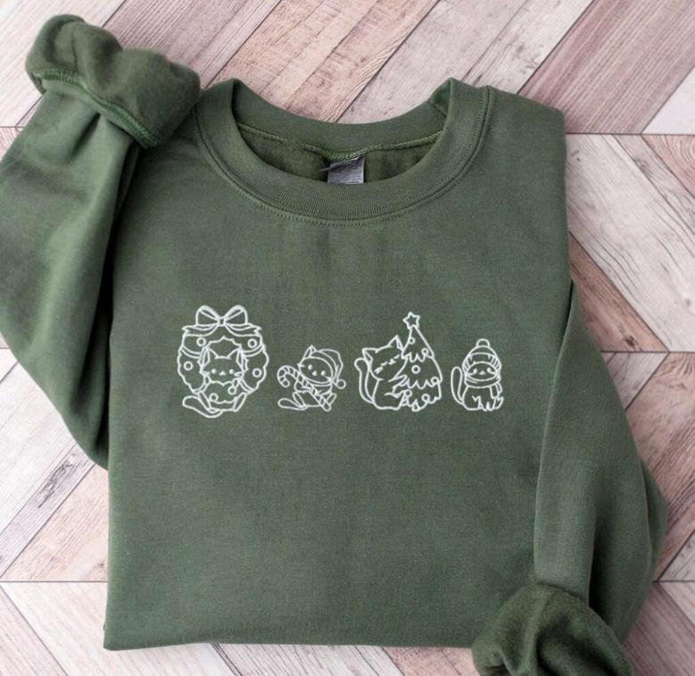 Embroidered Cat Christmas Sweatshirt, Christmas Embroidered Sweatshirt, Cat Lover Gift
