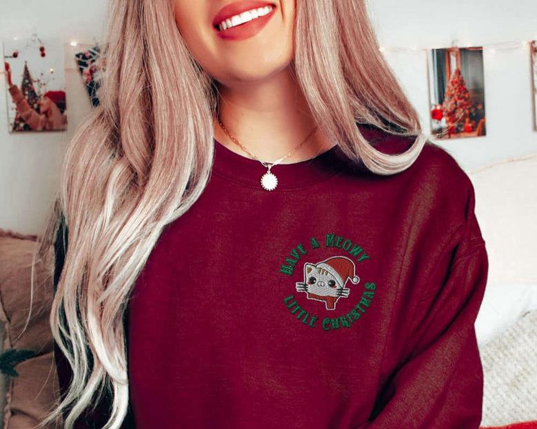 Embroidered Cat Christmas Sweatshirt, Have A Meowy Little Sweater, For Cat Lovers