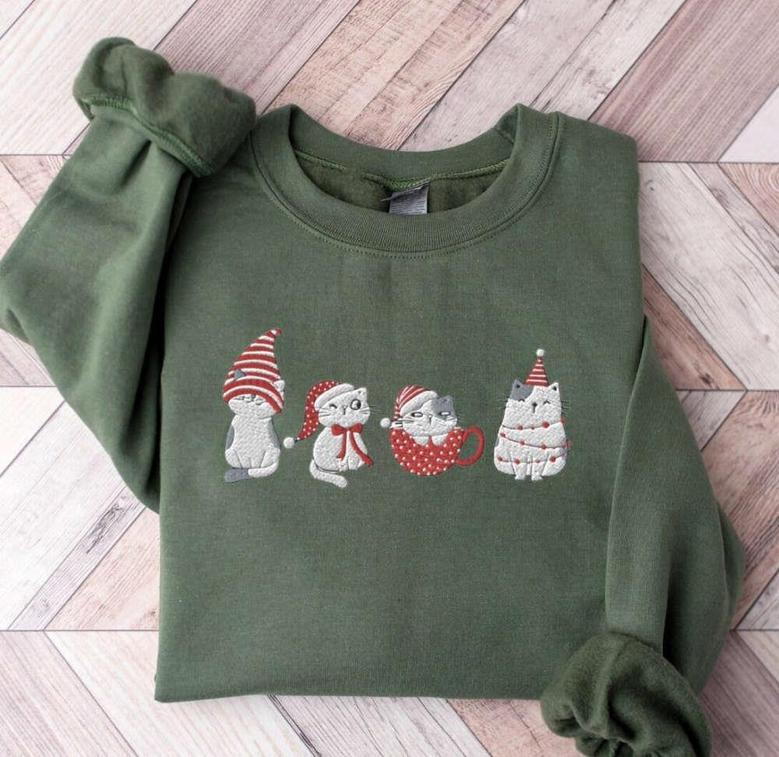 Embroidered Cat Christmas Sweatshirt, Meowy Christmas Sweatshirt, For Cat Lover