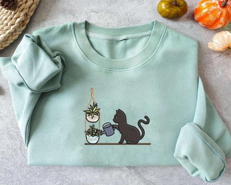 Embroidered Cat Watering Plants Sweater, Plants And Cat Embroidered Sweatshirt For Cat Lovers