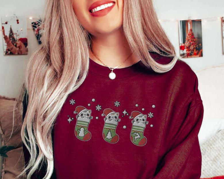 Embroidered Christmas Cat Stockings Sweatshirt, Gift For Cat Lover