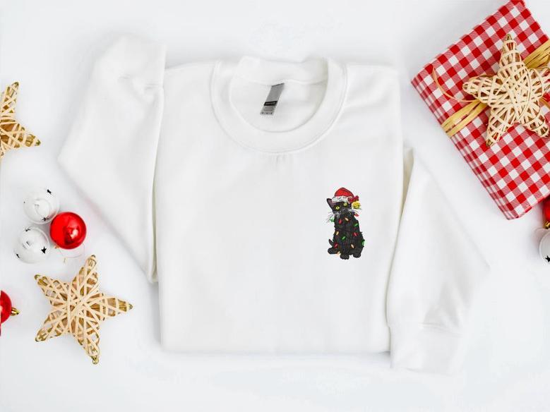 Embroidered Christmas Cat Sweatshirt, Black Cat Christmas Sweater For Christmas