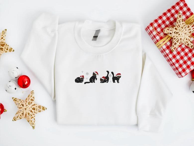 Embroidered Christmas Cat Sweatshirt, Black Cat Santa Christmas Sweatshirt For Family