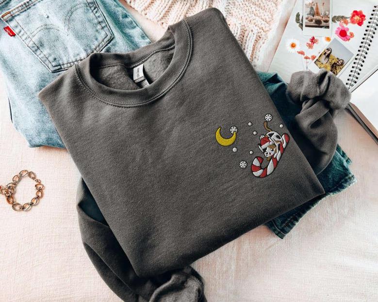 Embroidered Christmas Cat Sweatshirt, Cute Xmas Kitten Sweater, For Cat Lover