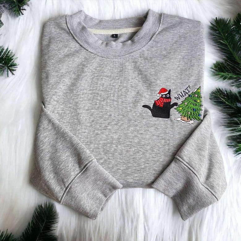 Embroidered Christmas Cat Sweatshirt, Embroidered Black Cat For Cat Lover