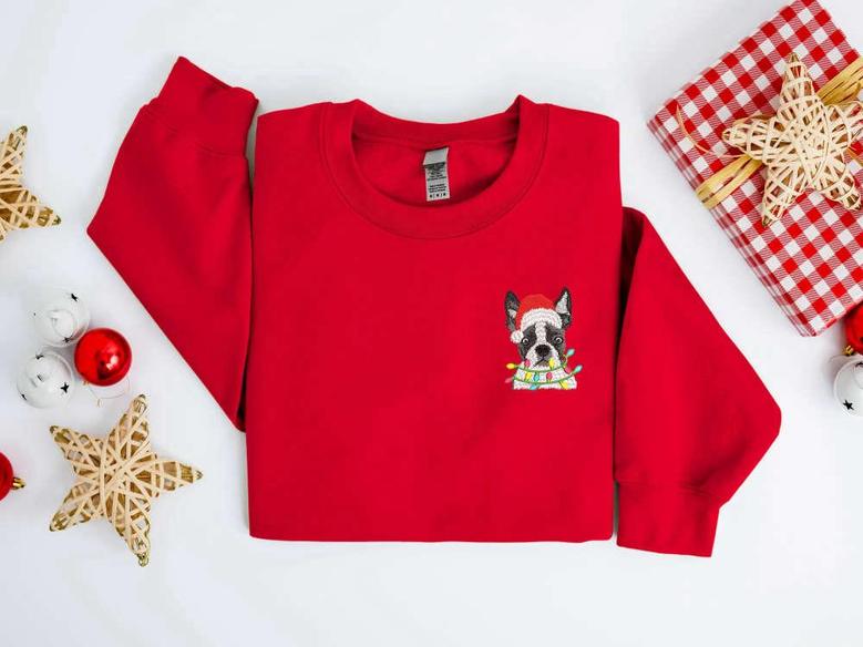 Embroidered Christmas Dog Sweatshirt, Boston Terrier Dog Christmas Sweater For Family