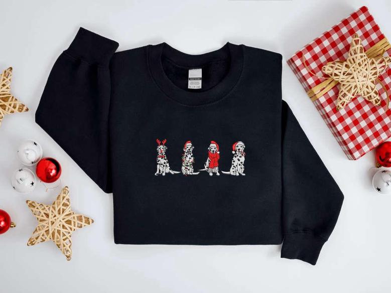 Embroidered Christmas Dog Sweatshirt, Embroidered Dalmatian Dog Sweater For Dog Lover