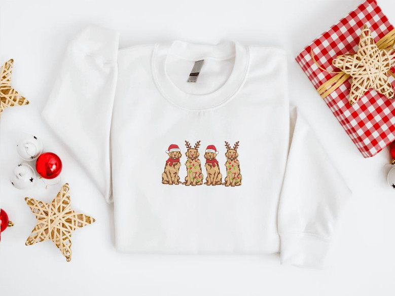 Embroidered Christmas Dog Sweatshirt, Golden Retriever Dog Christmas Sweater For Christmas