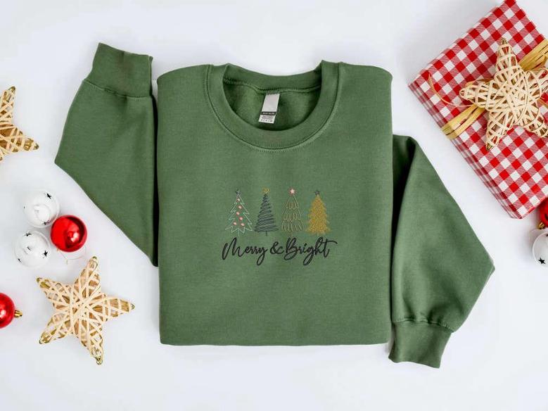 Embroidered Christmas Tree Sweatshirt, Merry and Bright Sweatshirt For Family