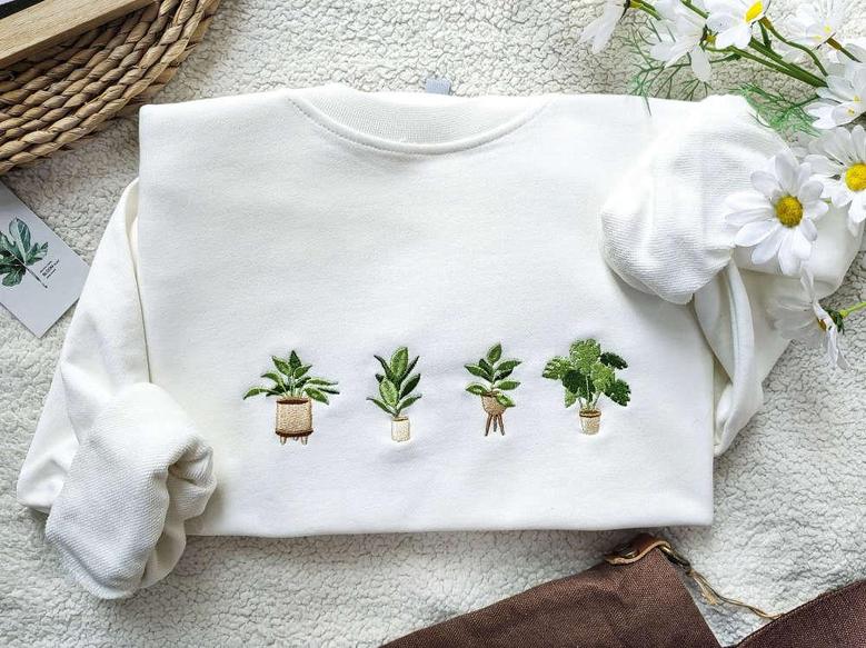 Embroidered Green Potted Plant Sweatshirt, Indoor Plant Gift For Her, Nature Lover Gift