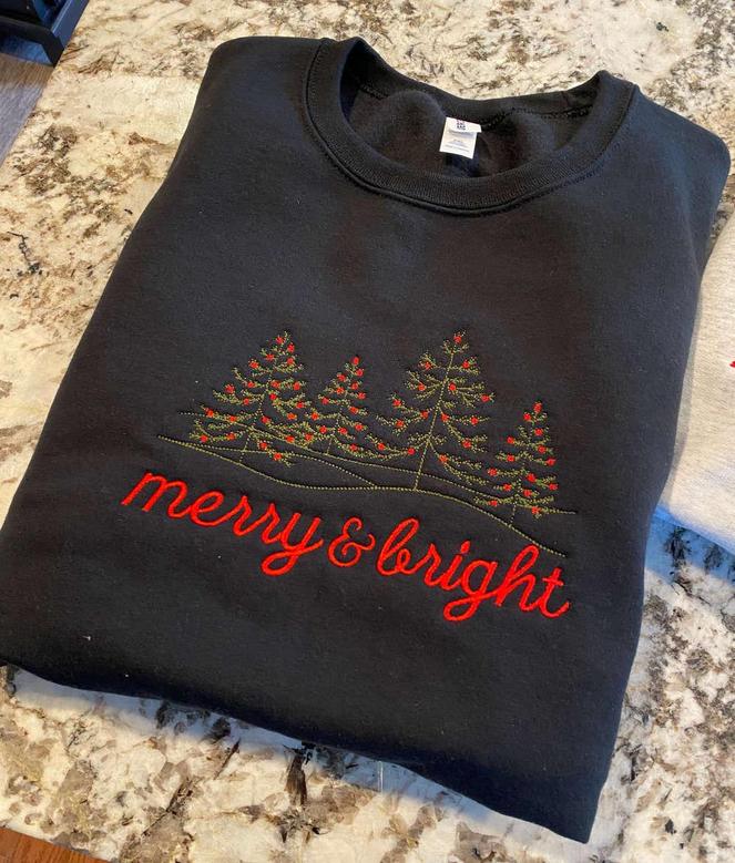 Embroidered Merry & Bright Christmas Crewneck Sweatshirt, Gift For Christmas