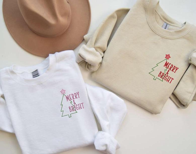 Embroidered Merry & Bright Crewneck, Embroidered Christmas Sweatshirt For Family
