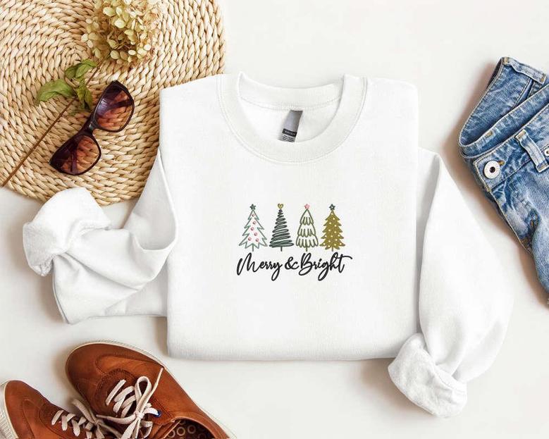 Embroidered Merry and Bright Christmas Sweatshirt, Christmas Tree Sweatshirt For Family