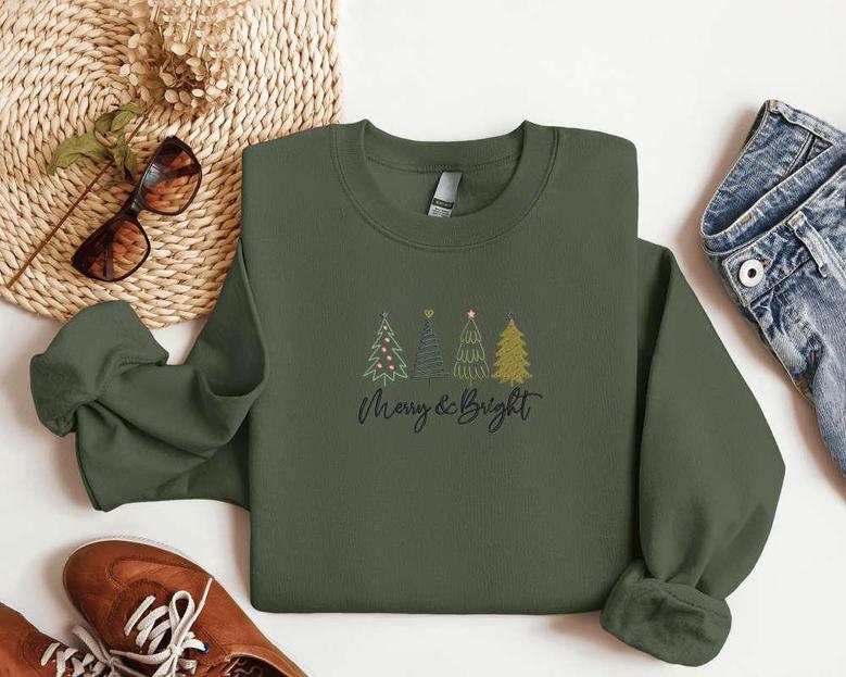 Embroidered Merry and Bright Christmas Sweatshirt, Christmas Tree Sweatshirt For Family