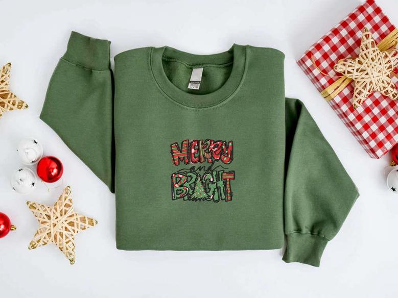Embroidered Merry And Bright Christmas Sweatshirt For Men And Women
