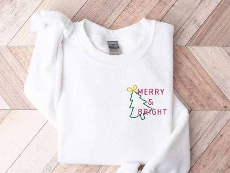 Embroidered Merry and Bright Christmas Tree Sweatshirt, Gift For Christmas