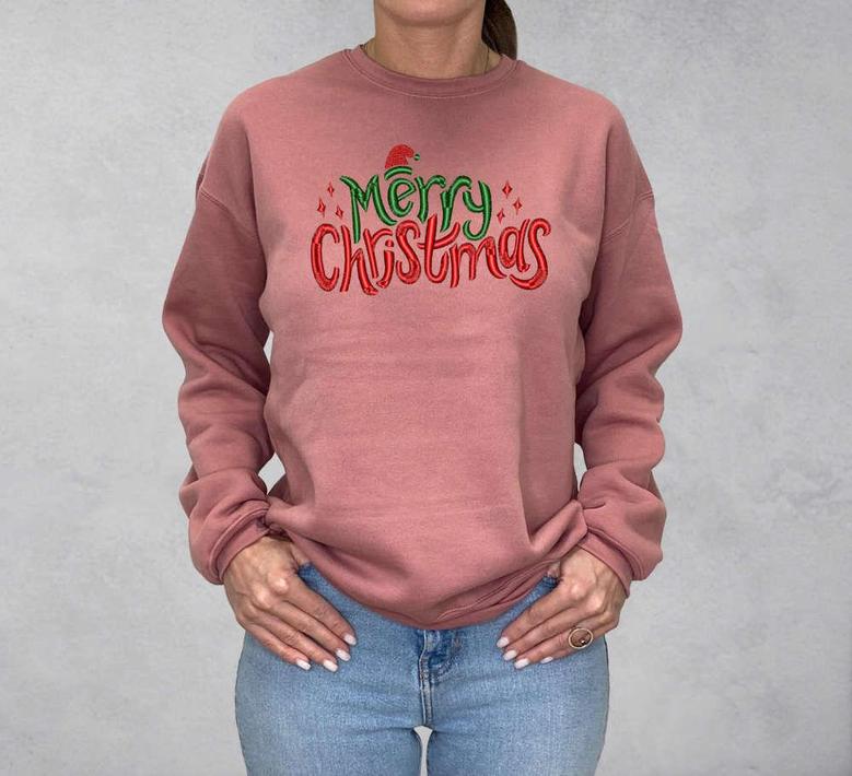 Embroidered Merry Christmas Sweatshirt, Happy Christmas Sweatshirt For Family