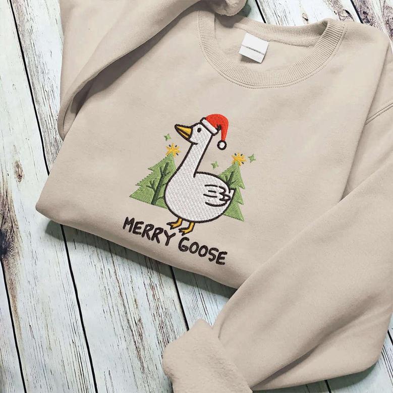 Embroidered Silly Goose Christmas Sweatshirt, Merry Goose Crewneck For Family