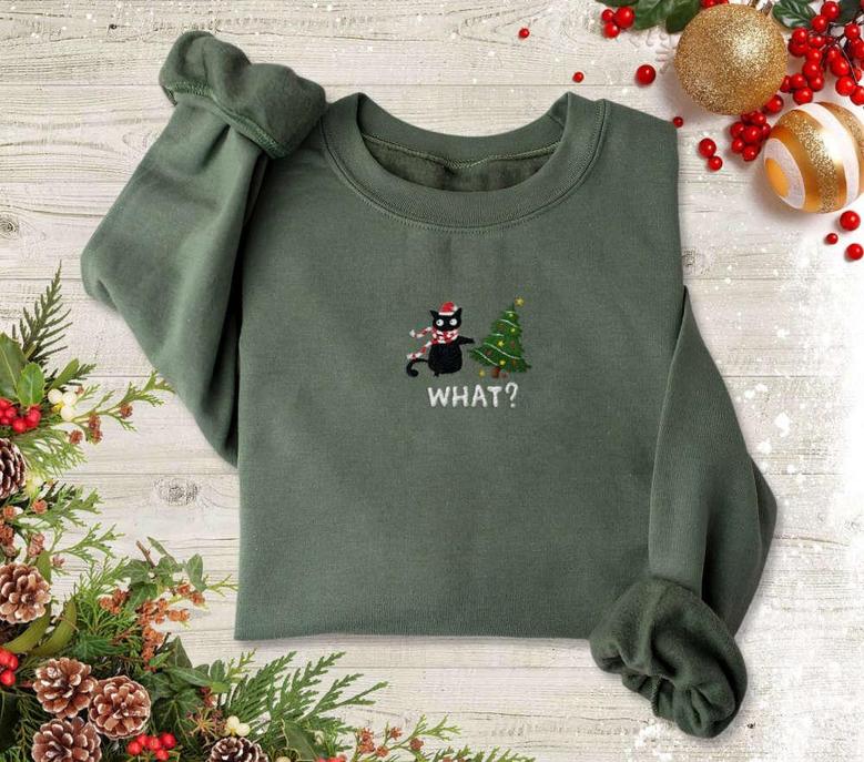 Funny Black Cat Embroidered Christmas Sweatshirt, Cat Christmas Sweater, Cat Lover Gift