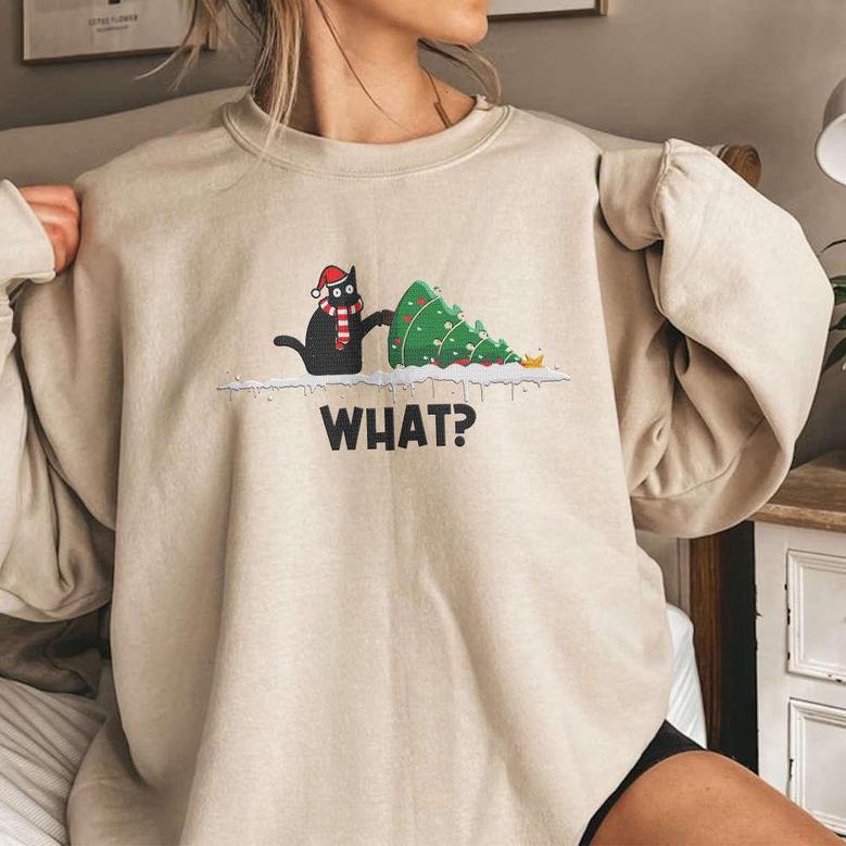 Funny Christmas Cat Embroidered Sweatshirt, What? Christmas Cat Sweater For Women