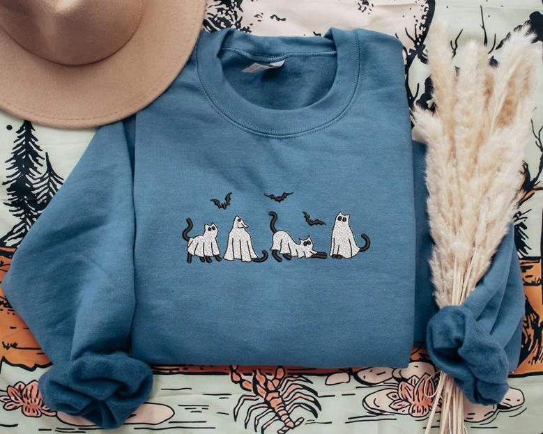 Ghost Cats Embroidered Sweatshirt Crewneck Sweatshirt Gift For Family