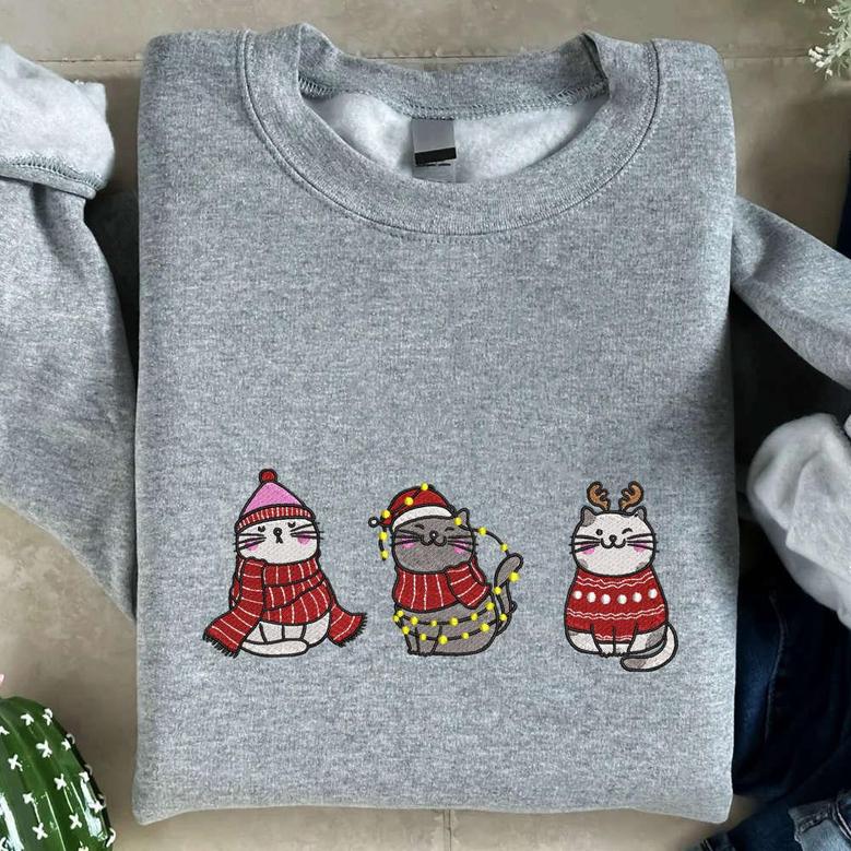 Meowy Christmas Embroidered Sweatshirt, Cute Cats Embroidered Sweatshirt For Christmas