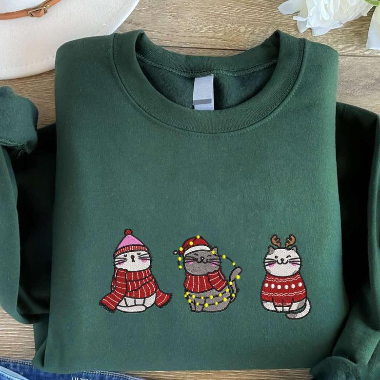 Meowy Christmas Embroidered Sweatshirt, Cute Cats Embroidered Sweatshirt For Christmas