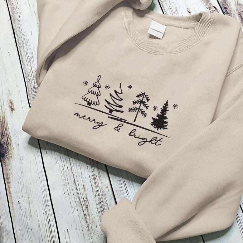 Merry & Bright Christmas Trees Sweatshirt, Christmas Sweatshirt For Womens