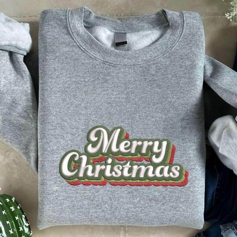 Merry Christmas Embroidered Sweatshirt, Christmas Embroidered Sweatshirt For Family
