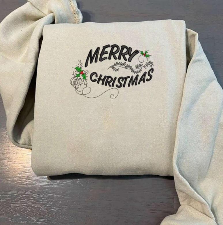 Merry Christmas Embroidery Sweatshirt, Embroidery Crewneck Sweatshirt For Family