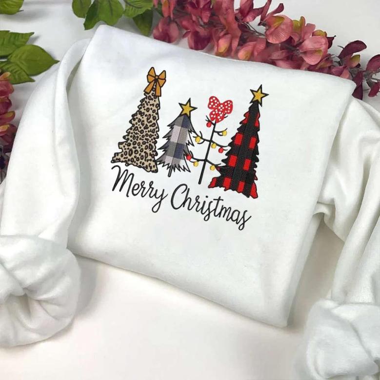 Merry Christmas Tree Embroidery Sweatshirt, Buffalo Plaid Cheetah Tree Sweatshirt For Family