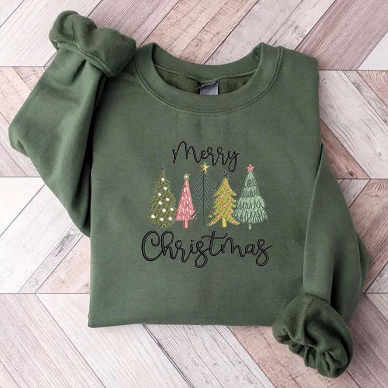 Merry Christmas Trees Machine Embroidery Sweatshirt, Best Gift For Christmas