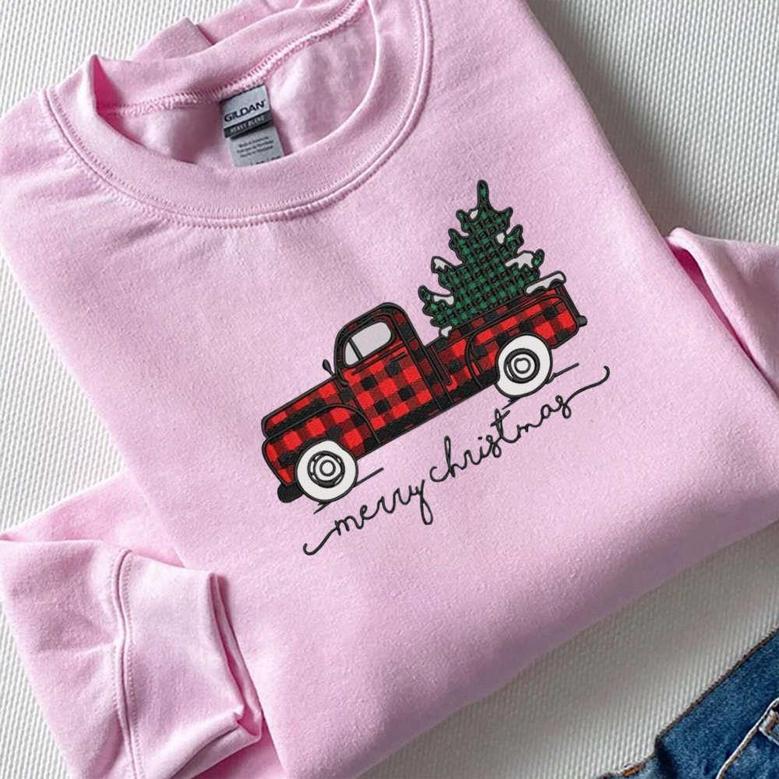 Merry Christmas Truck Embroidery Sweatshirt, Xmas Truck With Tree Dst Sweatshirt For Family