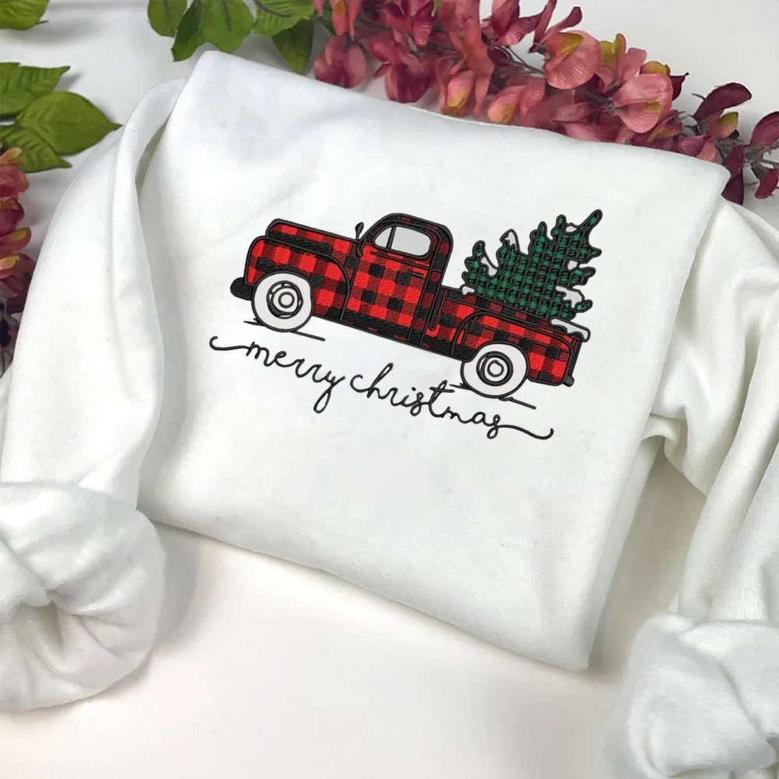 Merry Christmas Truck Embroidery Sweatshirt, Xmas Truck With Tree Dst Sweatshirt For Family