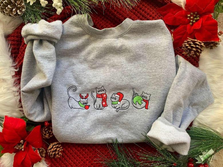 Merry Meows Embroidered Unisex Sweatshirt, Christmas Cat Sweatshirt For Cat Lover
