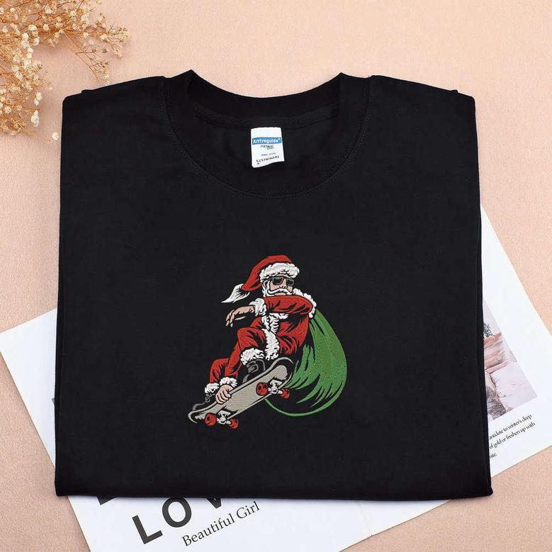 Santa Skateboarding Christmas Embroidered Sweatshirt, Merry Christmas Sweater For Family